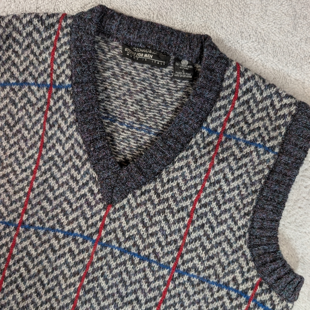 Woodward & Lothrop Mens Virgin Wool Sweater Vest Italy Herringbone Windowpane L